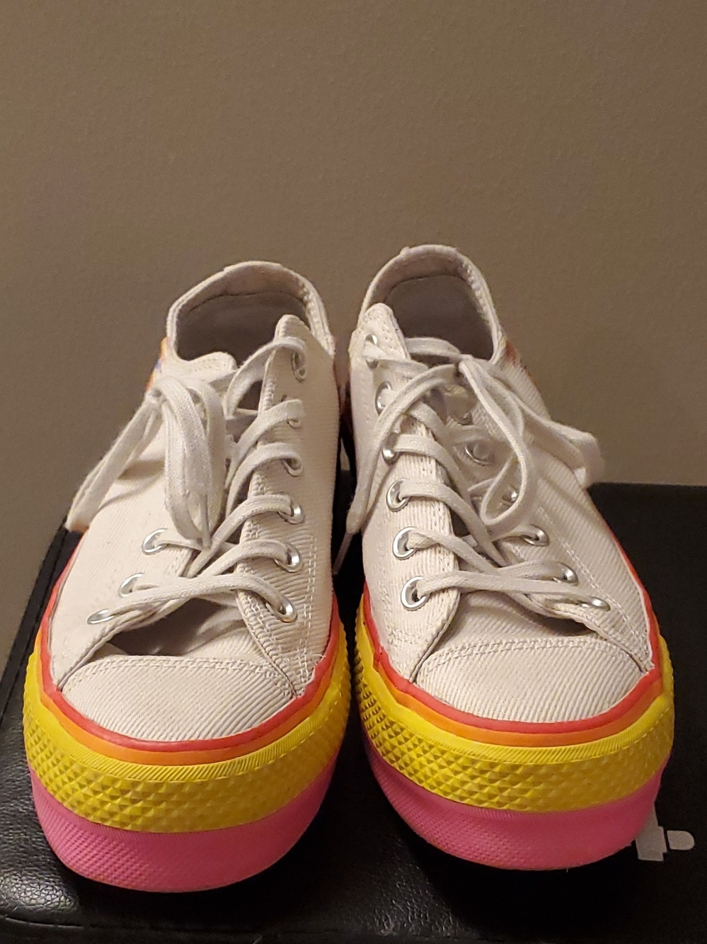 Converse Retro White Low-Top Sneakers with Pink, Yellow & Orange Sole